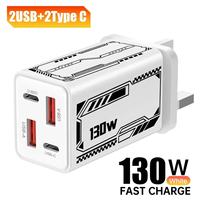 Chargeur mural USB Type-C PD 130W à 4 ports avec prise EU US UK, charge rapide 130W USB-C Quick Charge 3.0 pour téléphone portable