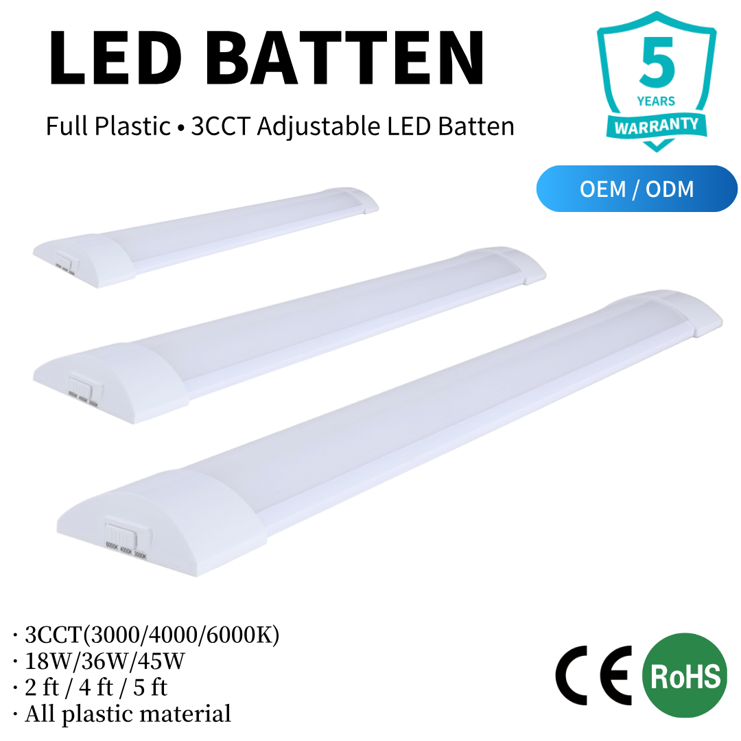 CE RoHS Ultra Thin LED Batten Light 2ft 4ft 5ft 18W 36W 45W 3CCT Selectable Full Plastic Linear Lamp Factory Wholesale OEM