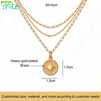 Collier personnalisé à maillons trombones superposés en acier inoxydable 316L plaqué or PVD avec pendentif rond serti de zircons