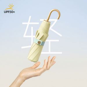 Parasol manuel pliant à trois volets à 8 baleines pour femme ; Parapluie anti-UV élégant avec poignée courbée - Product Image 3