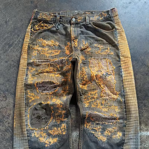 LEDUO OEM giysi erkekler moda artı boyutu erkek kot pantolon özel işlemeli yıkanmış sarı yok Baggy kot erkekler için - Product Image 4