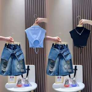 Nuovo Stile 2026 per Ragazze Adolescenti: Top Senza Maniche in Maglia Tinta Unita e Pantaloni <span class=keywords><strong>Cargo</strong></span> in Jeans, Set di Abbigliamento 2 Pezzi - Product Image 1