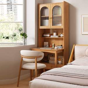 NKAHS Modern Wood Bookcase <b>Desk</b> Combo 5-<b>Shelf</b> Midcentury Design Bedroom Furniture with Glass Doors and Storage Space - Product Image 2