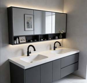 Dark Grey Wall Mounted <b>Bathroom</b> Cabinet <b>with</b> Double Sink <b>Mirror</b> Cabinet LED Storage <b>Shelves</b> and Drawers for <b>Bathroom</b> Organizer - Product Image 4