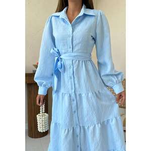 Robe trapèze bleue ceinturée à col, taille naturelle, en tissu tissé respirant, pour usage quotidien décontracté - Product Image 2