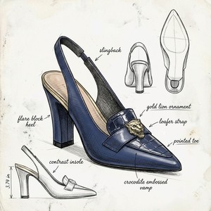 Chaussures habillées style mocassins pour femmes, <span class=keywords><strong>bleu</strong></span> <span class=keywords><strong>marine</strong></span>, à bout pointu, effet croco, talon carré, à bride arrière, avec ornement doré, vente en gros OEM - Product Image 3