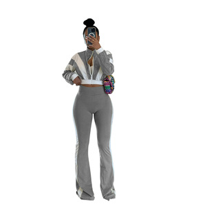 Conjunto de <span class=keywords><strong>Pantalones</strong></span> Acampanados de Corte Ajustado y Manga Larga para Mujer con Diseño de Bloques de Color y Cremallera, Logotipo Personalizado, Venta al por Mayor - Product Image 3