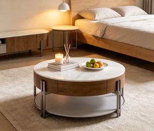 Modern Round <b>Marble</b> <b>Top</b> Coffee <b>Table</b> With Storage Wood Metal Frame Living Room Furniture - Product Image 4