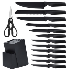 Ensemble de 14 couteaux de cuisine en acier inoxydable de haute qualité avec bloc à couteaux noir et aiguiseur pour couper - Product Image 1