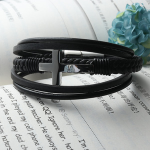 yunnique Cross <b>Leather</b> <b>Bracelet</b> Black Titanium Steel Unisex Gift Jewelry - Product Image 3