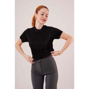 Chemisier en Soie Côtelée pour Femme, Manches Courtes, Broderie, Paillettes, Dentelle, Col Volanté, Taille XL, Formel, Plumes, Noir, Tricoté - Product Image 2