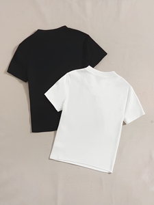 Men's <b>Black</b> White Short Sleeve O-Neck Knitted <b>T</b>-<b>Shirt</b> Regular Fit Solid Color Casual Style Front 100% Cotton <b>Plain</b> Dyed Fabric - Product Image 2