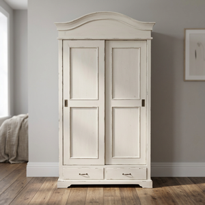 White Traditional Wooden <b>Wardrobe</b> Sliding Doors Eco-friendly 2 Drawers Classic Bedroom Living Room Furniture Cabinet Solid Wood - Product Image 2