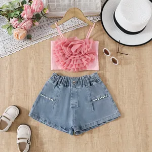 Toptan Bebek Kız Giyim Seti Kolsuz Fırfırlı Tül Çiçekli Tişört + Boncuklu Kot Şort 2 Parça Kıyafet Seti - Product Image 1