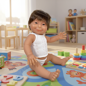 Jouet éducatif Babylin, garçon blanc aux cheveux bruns et à la couche, représentant une personne atteinte de la syndrome de Down - Product Image 3