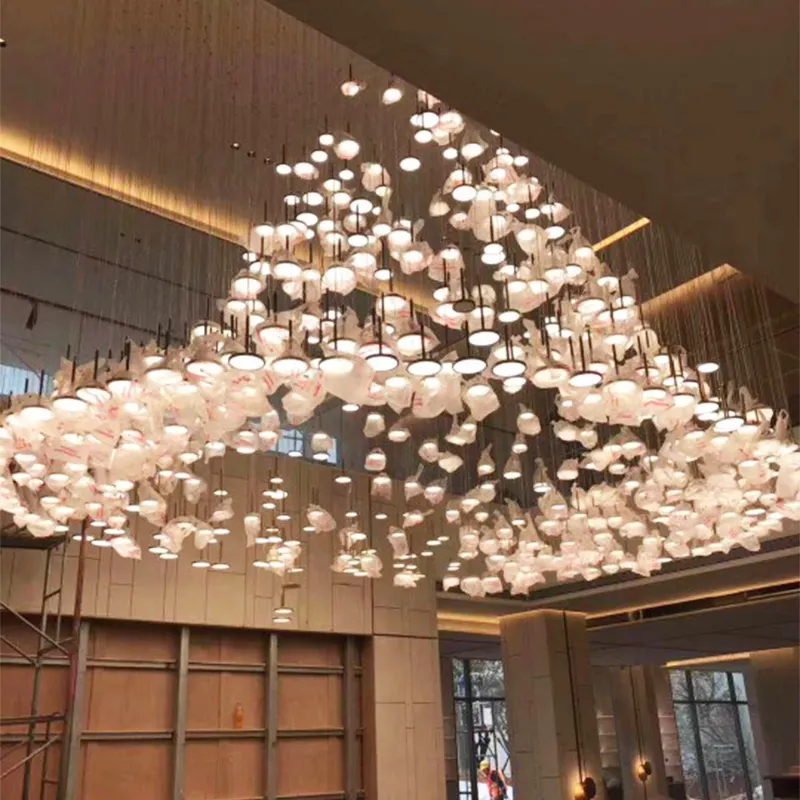 Large Lamp Stair Hotel Lobby Glass Hanging Modern Luxury White Gold Led Chandelier Light