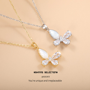 Butterfly <b>Necklace</b> Marquise Moissanite Copper Plated 16k Gold <b>Silver</b> Chain For Women Gift Jewelry <b>Set</b> - Product Image 1