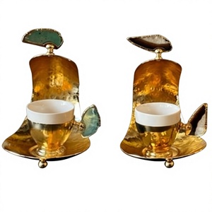 Set Of 2 Vintage Brass Gold Tea <b>Cup</b> and <b>Saucer</b> Set with Irregular Shape Handle for Afternoon Tea Serving <b>Cup</b> and Sauce - Product Image 1