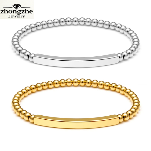 Factory Custom DIY Laser Engraving Blank Bead Bracelets Elastic Rope Bangles Stainless Steel Anti Tarnish PVD 18k Gold Bracelet