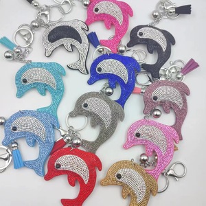 Classic Double-Color Dolphin Keychain with Wholesome Crystal Pendant Featuring Rhinestone Fluff