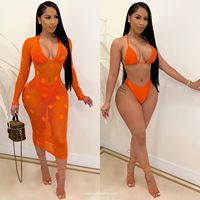2022 Zomer Nieuwe Badmode Plus Size Custom Logo Bikini Set Sexy Doorzichtige Mesh Bikini Driedelige Set Strandbedekking