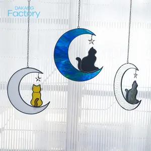 Cat Decor On Moon Stained Glass Window Hangings Decoration Suncatcher Ornament Memorial Pet Sympathy Gifts decorative objects