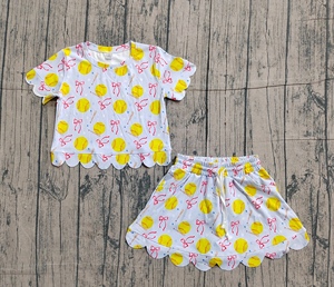 GSD3655  Tenues de yoga décontractées à manches courtes en coton et élasthanne imprimées avec des nœuds de baseball pour petites filles actives, vente en gros - Product Image 1