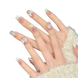 Faux ongles à presser blancs crémeux effet œil de chat, French manucure avec nœud et faits main, formes amande, carrée, ovale, stiletto, 10 pièces, vente en gros - Product Image 2