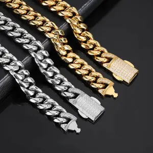 Spezial 12 MM Diamant Silber Gold 18K Perle vergoldete Ketten Hip Hop Miami Edelstahl kubanische Verbindung Schmuck-Halsband für Herren