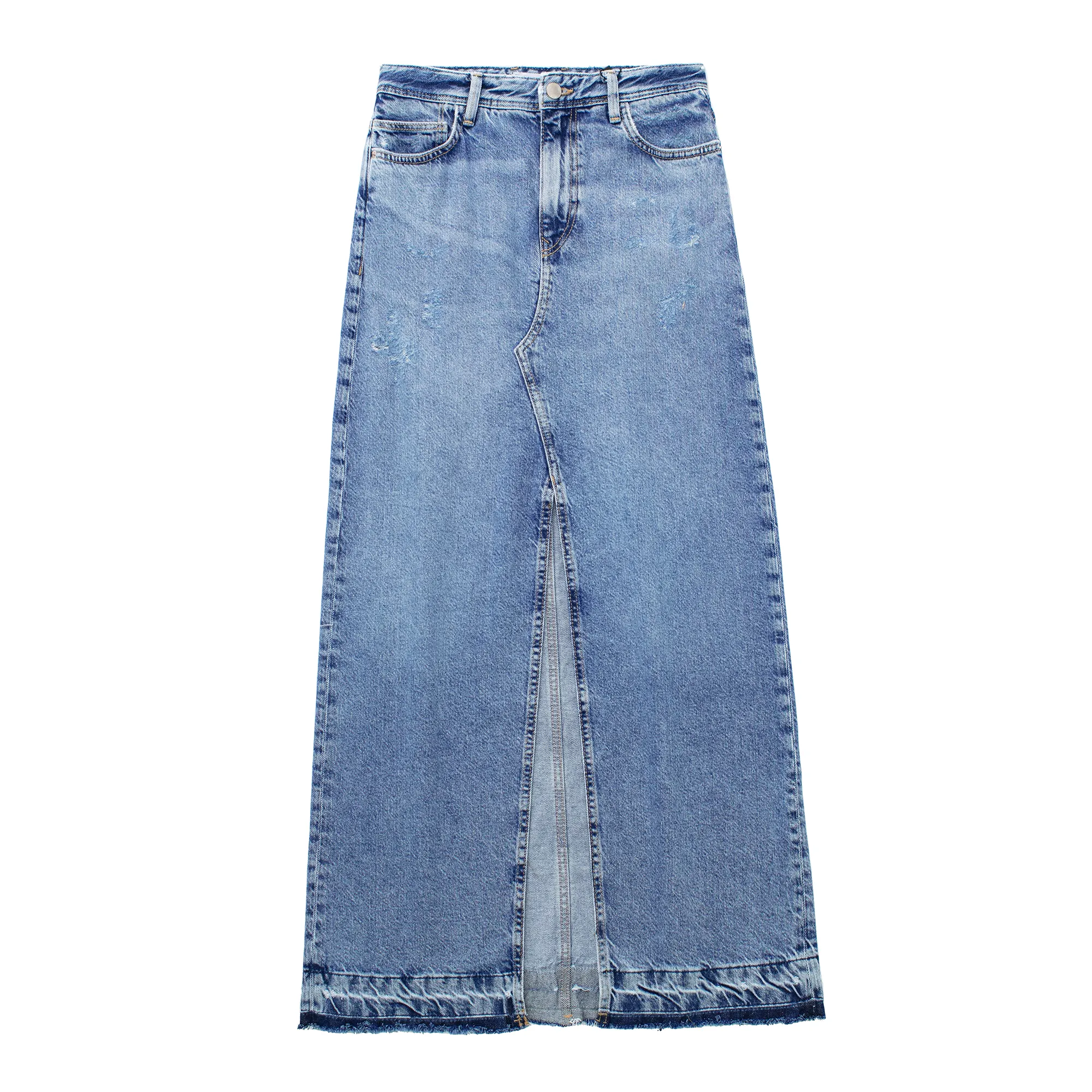 Front slit side pockets denim blue color zipper fly casual fashion long jeans skirt for women