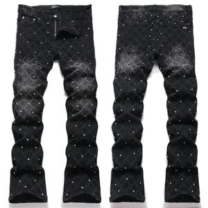 جينز رجالي عالي الجودة في الشارع بنطال واسع مكدس ومطرز بالماس مطرز مطاطي جينز ضيق ممزق بنطال واسع - Product Image 3