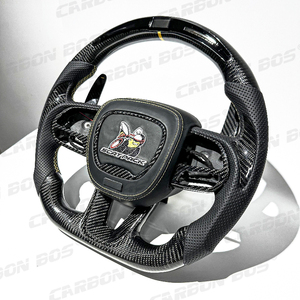Volant en fibre de carbone forgé à fond plat, compatible avec <span class=keywords><strong>Dodge</strong></span> Challenger, Charger RT, <span class=keywords><strong>Durango</strong></span>, <span class=keywords><strong>SRT</strong></span> Hellcat, Jeep Cherokee - Product Image 2