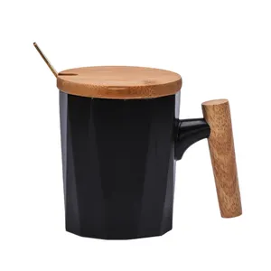 Set da caffè in porcellana con manico in legno di alta qualità con coperchio in bambù e cucchiaio in metallo 301-400ml tazza da tè in ceramica
