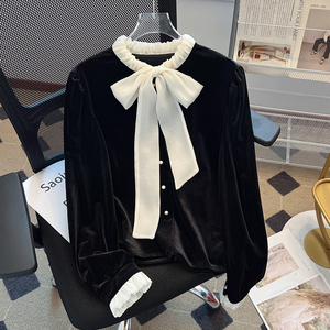 Boutique all'ingrosso 2025 primavera nuova alla moda <span class=keywords><strong>camicia</strong></span> da <span class=keywords><strong>donna</strong></span> a manica lunga <span class=keywords><strong>in</strong></span> <span class=keywords><strong>velluto</strong></span> oro di pizzo francese - Product Image 1