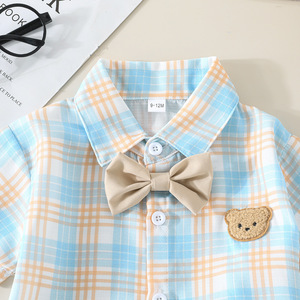 Ensemble chemise et <span class=keywords><strong>short</strong></span> pour garçons d'été, chemise à manches courtes à carreaux décontractée et <span class=keywords><strong>short</strong></span> <span class=keywords><strong>beige</strong></span>, ensemble élégant en deux pièces pour enfants - Product Image 2