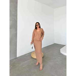 Ensemble de tricots trois pièces pour femme, pull en tricot torsadé marron, jupe, taille S - Product Image 2