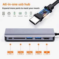 Base de Conexión USB-C de 6 Puertos con Hub Multifunción para 4K y Gigabit Ethernet para Tablets, Smartphones y Computadoras