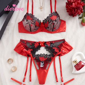 Conjunto de Lencería Sexy y Sencillo Dierlove con Flores Bordadas, 3 Piezas, Control Ligero, Ropa Interior sin Tejido, Certificado OEKOTEX para Mujer - Product Image 3