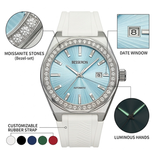 OEM Private Label Luxury Women's Watch Moissanite Diamond Bezel Ice Blue Sunburst Dial Automatic Movement Custom Watch Factory - Product Image 2