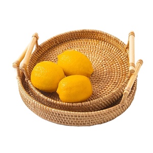 In Stocked Eco Friendly Natural Round Rattan Baskets Rattan Serving Trays Decor Storage Fruit Handmade Round Rattan Tray