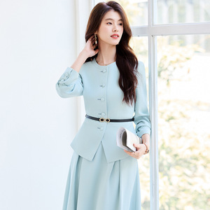 Women's Suit Set Light Blue Two Piece Midi Skirt Satin No Wrinkle Treatment Casual Wear - Product Image 4