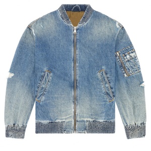 Blouson Bomber en Jean Homme Grande Taille Doublé Rembourré Bleu Délavé Effet Usé et Déchiré avec Fermeture Éclair et Bordures Élastiques – Vente en Gros - Product Image 4