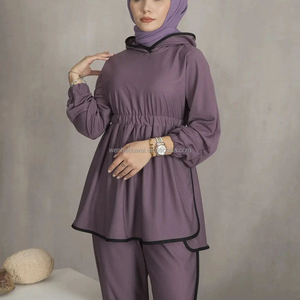 Tùy Chỉnh Hai Mảnh Thiết Lập Hồi Giáo Nữ Màu Rắn Áo Và Quần Bộ Hồi Giáo Co ORD Bộ - Product Image 4