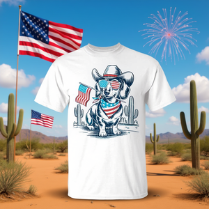 Camiseta patriótica con diseño del 4 de julio, diseño de bandera de Estados Unidos, perro teckel vaquero - Product Image 3