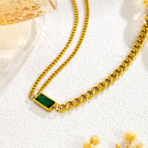 PVD Gold Plated Stainless Steel Bold Geometric Jewelry Set with Green Rectangle Stone and Double Cuban <b>Chain</b>|Retro Statemete - Product Image 2