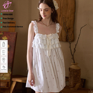 Loveda Precio al por Mayor Camisón de Tirantes con Estampado Floral Pequeño Estilo Francés para <span class=keywords><strong>Mujer</strong></span>, Camisón con Lazo Bonito para Verano - Product Image 1