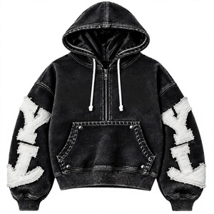 Hoodie oversize noir personnalisé, streetwear premium, demi-zip, effet délavé, avec appliqué et broderie vieillie - Product Image 2