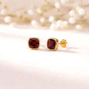 Premium Garnet Cushion Cut Faceted Stud <b>Earrings</b> Crafted In 925 Sterling Silver Or 18K Gold Filled Natural Deep <b>Red</b> Stone Jewel - Product Image 1