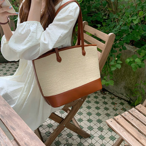 Woven Straw Tote <b>Bag</b> Large Capacity Brown Solid Color Zipper Closure Women's Summer Shoulder <b>Bag</b> - Product Image 4