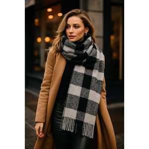 Gray <b>Black</b> White Tasseled Shawl/<b>Scarf</b> with Checked Pattern Knitted Models SAL1283 - Product Image 2